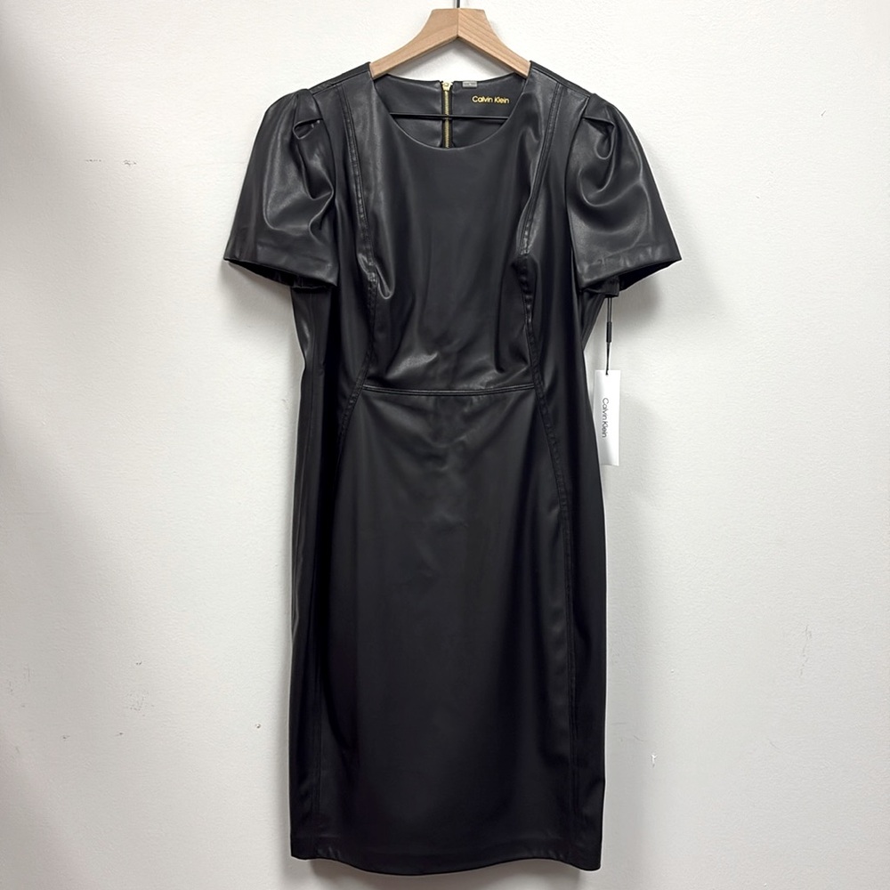 Calvin Klein Women’s Faux Leather Sheath Dress, Black, Size 14